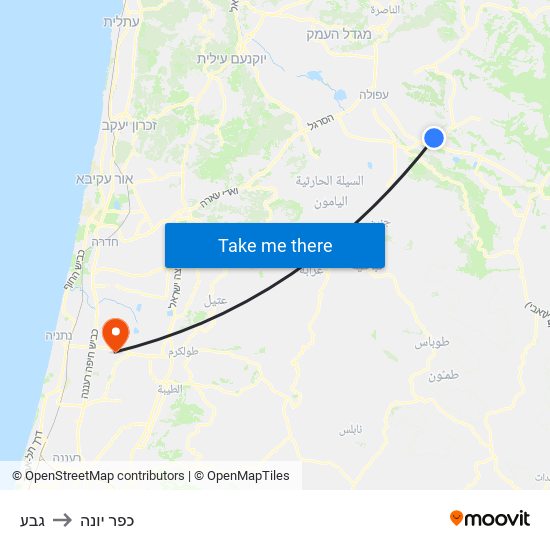 גבע to כפר יונה map