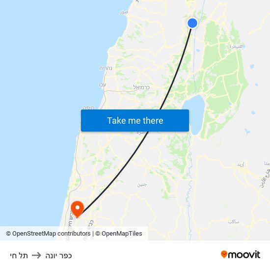 תל חי to כפר יונה map