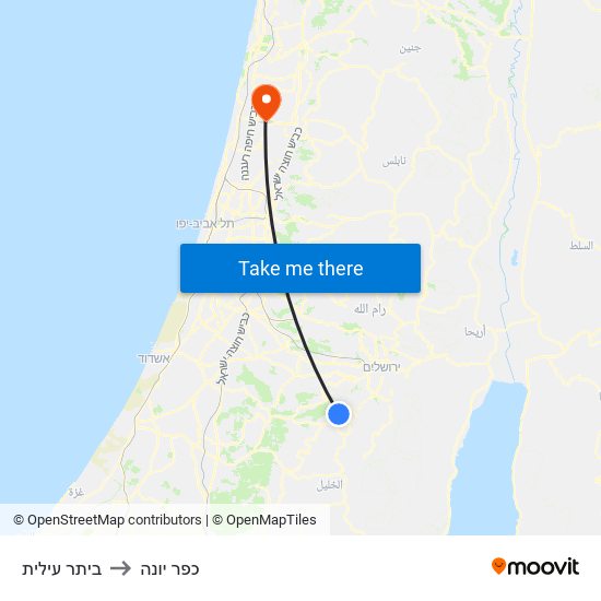 ביתר עילית to כפר יונה map