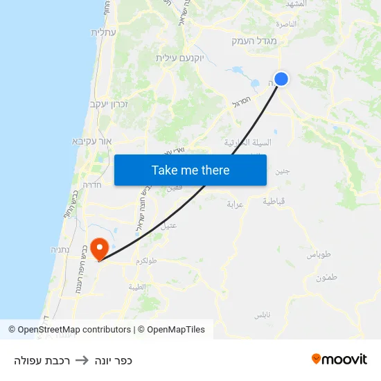 רכבת עפולה to כפר יונה map