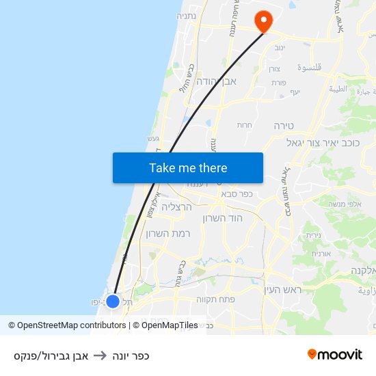 אבן גבירול/פנקס to כפר יונה map