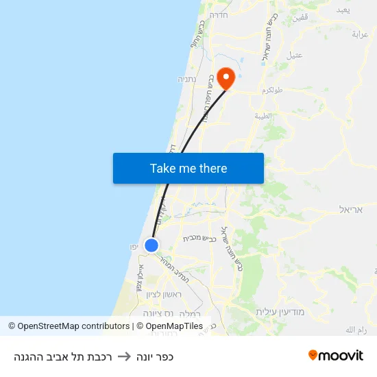רכבת תל אביב ההגנה to כפר יונה map