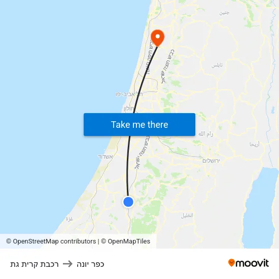 רכבת קרית גת to כפר יונה map