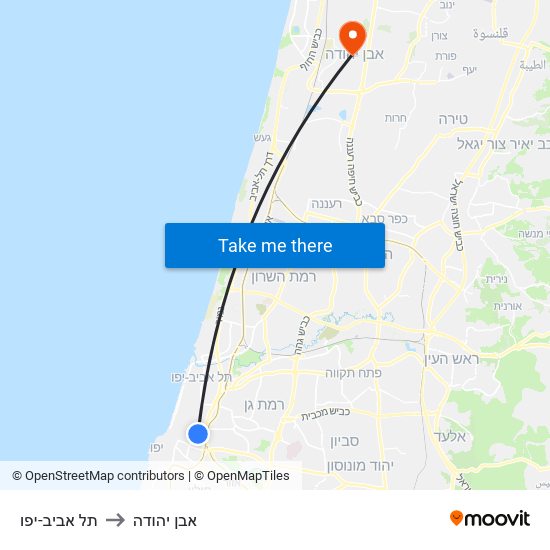 תל אביב-יפו to אבן יהודה map