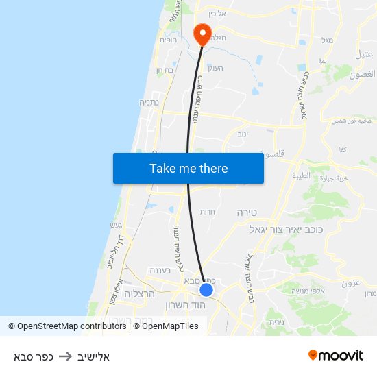 כפר סבא to אלישיב map