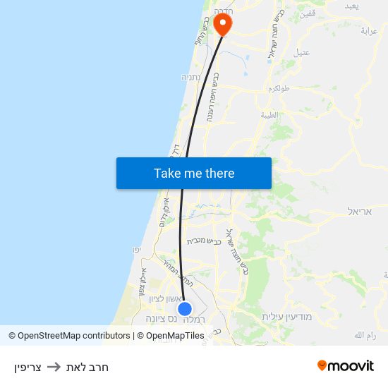 צריפין to חרב לאת map