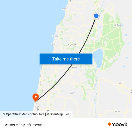 קריית שמונה to חופית map