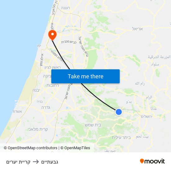 קריית יערים to גבעתיים map