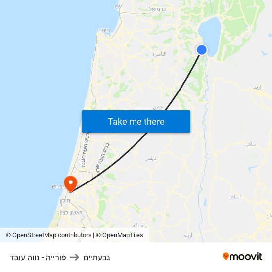 פורייה - נווה עובד to גבעתיים map