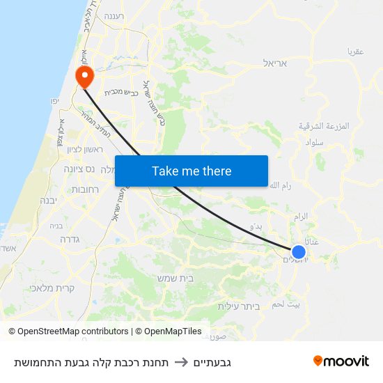 תחנת רכבת קלה גבעת התחמושת to גבעתיים map