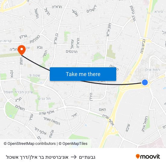 אוניברסיטת בר אילן/דרך אשכול to גבעתיים map