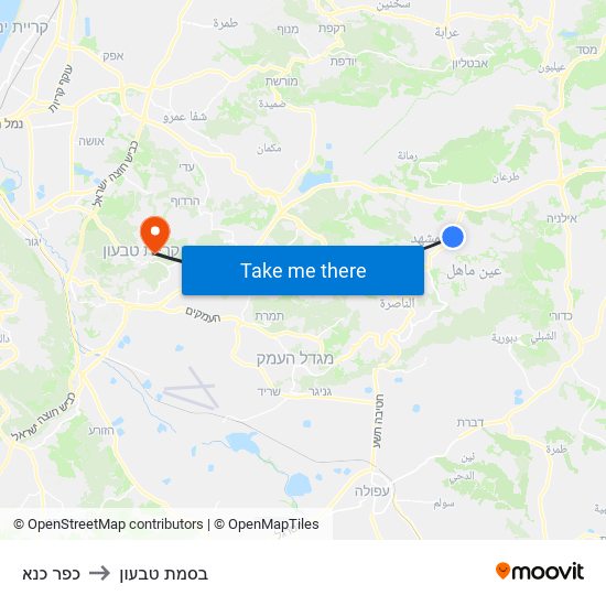 כפר כנא to בסמת טבעון map