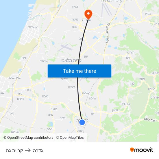 קריית גת to גדרה map