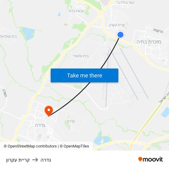 קריית עקרון to גדרה map