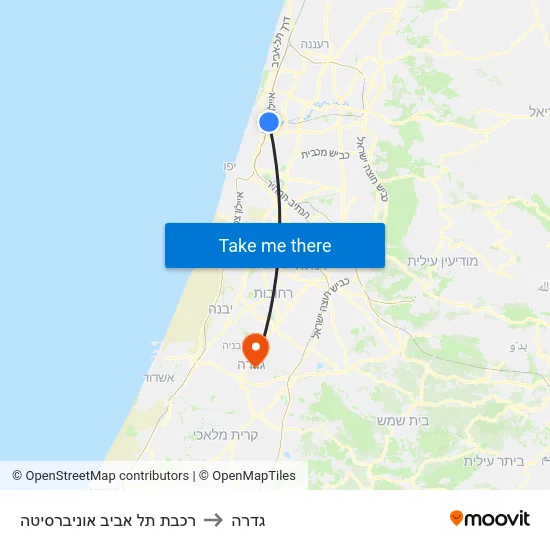 רכבת תל אביב אוניברסיטה to גדרה map
