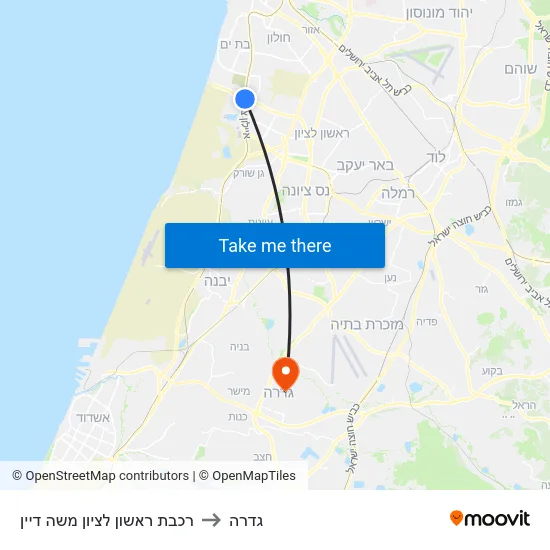 רכבת ראשון לציון משה דיין to גדרה map