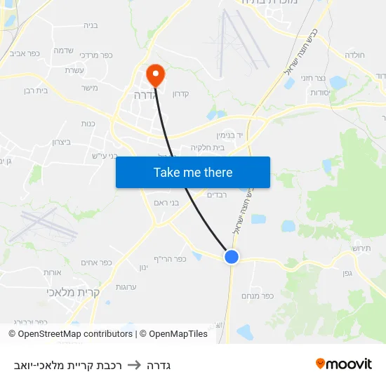 רכבת קריית מלאכי-יואב to גדרה map