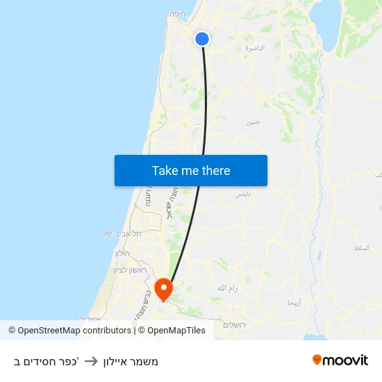 כפר חסידים ב' to משמר איילון map