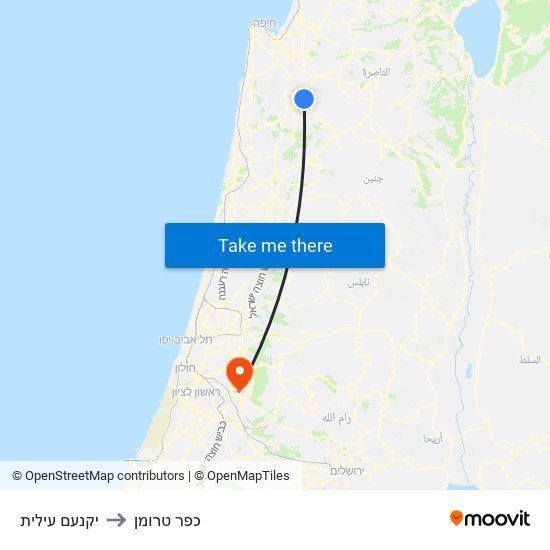 יקנעם עילית to כפר טרומן map