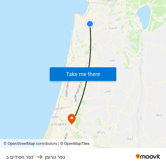 כפר חסידים ב' to כפר טרומן map
