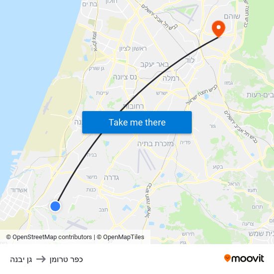 גן יבנה to כפר טרומן map