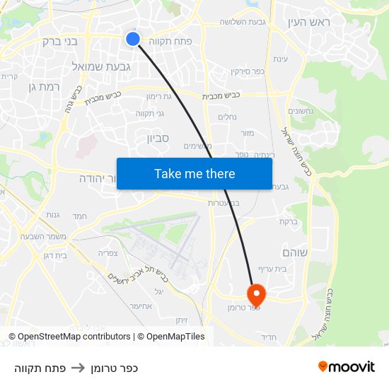 פתח תקווה to כפר טרומן map