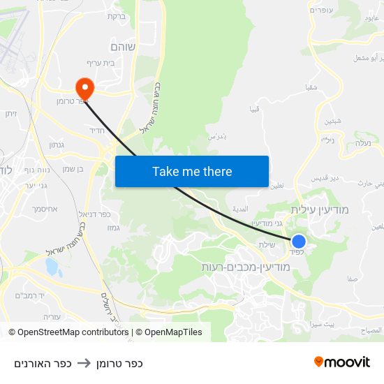 כפר האורנים to כפר טרומן map