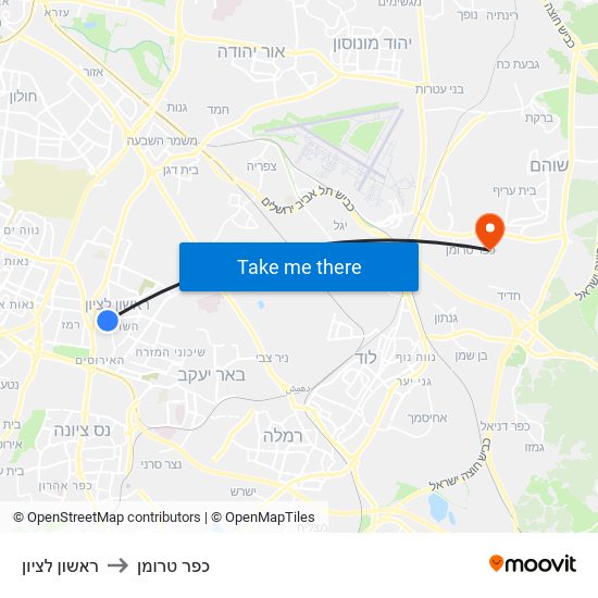 ראשון לציון to כפר טרומן map