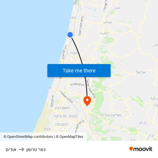 אודים to כפר טרומן map