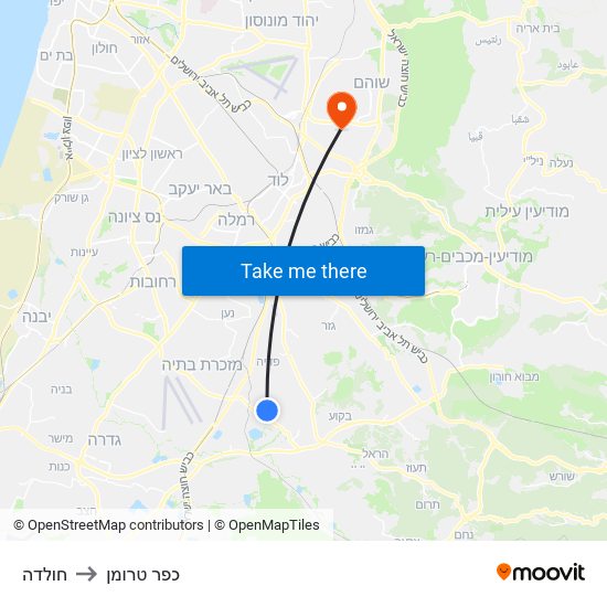 חולדה to כפר טרומן map