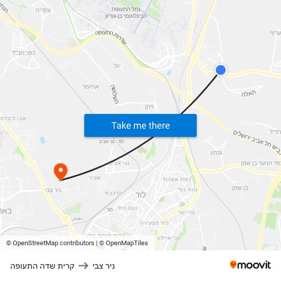 קרית שדה התעופה to ניר צבי map