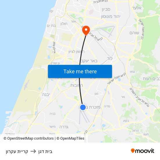 קריית עקרון to בית דגן map