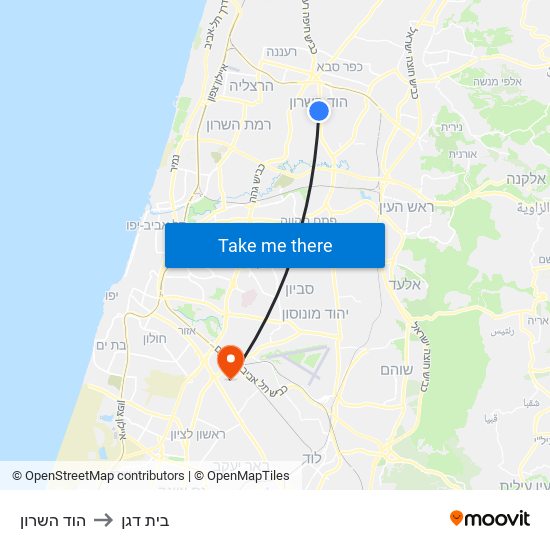 הוד השרון to בית דגן map