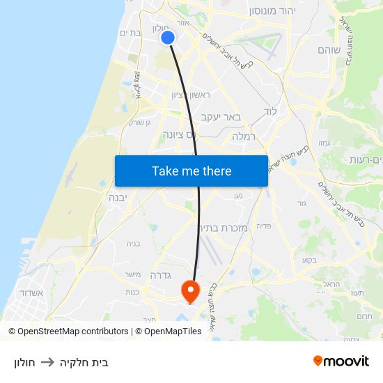 חולון to בית חלקיה map