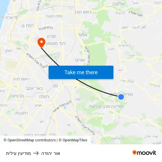 מודיעין עילית to אור יהודה map
