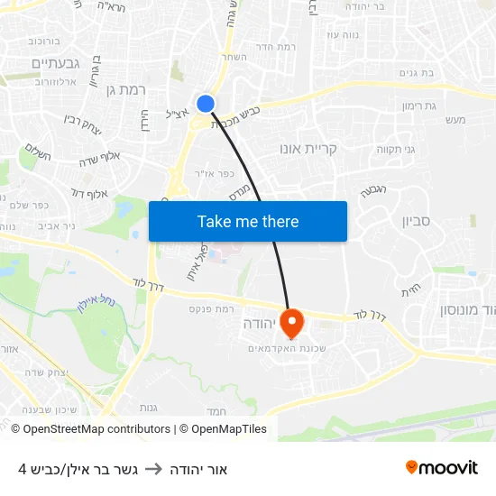 גשר בר אילן/כביש 4 to אור יהודה map