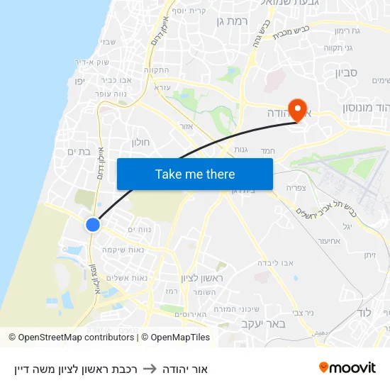 רכבת ראשון לציון משה דיין to אור יהודה map