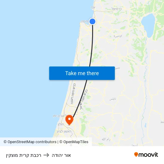 רכבת קרית מוצקין to אור יהודה map