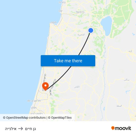 אילנייה to גן חיים map