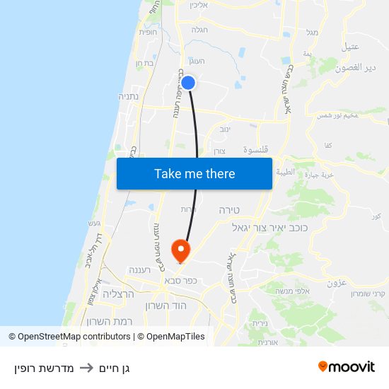 מדרשת רופין to גן חיים map