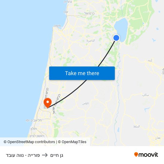 פורייה - נווה עובד to גן חיים map