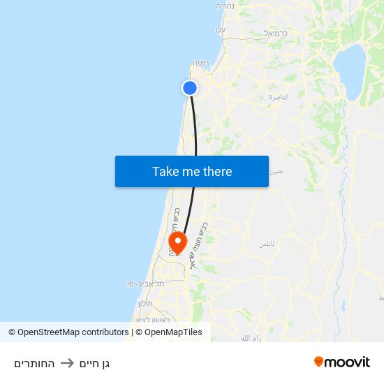 החותרים to גן חיים map