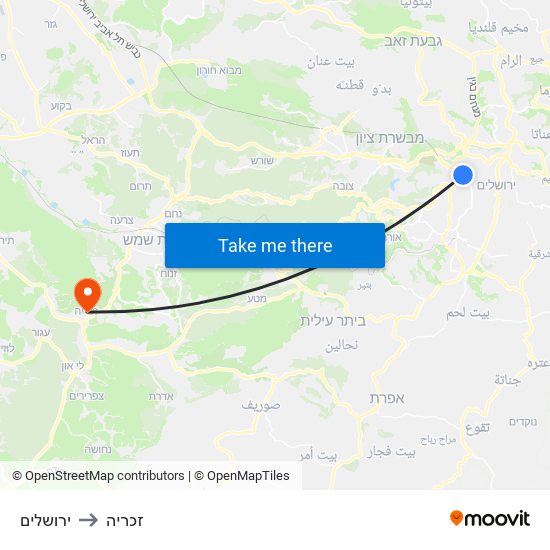 ירושלים to זכריה map