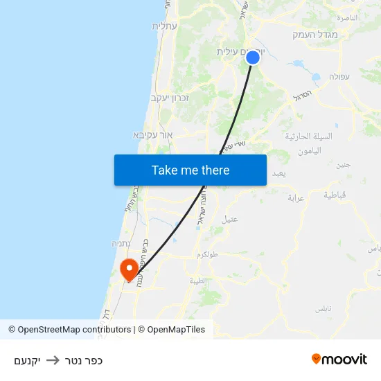 יקנעם to כפר נטר map