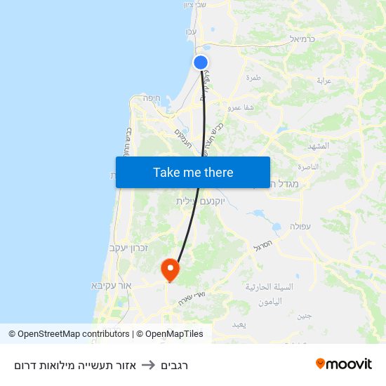 אזור תעשייה מילואות דרום to רגבים map