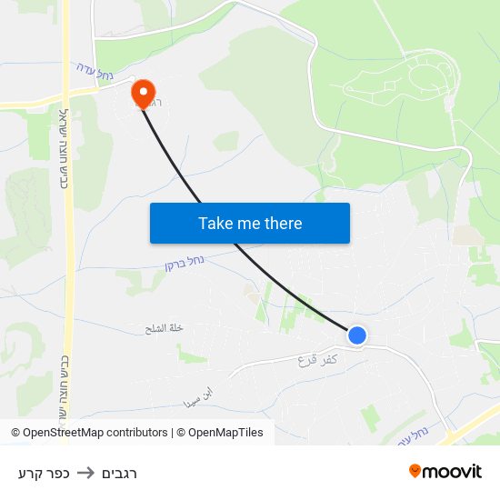 כפר קרע to רגבים map