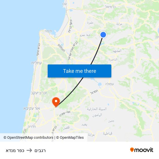 כפר מנדא to רגבים map