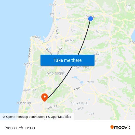 כרמיאל to רגבים map