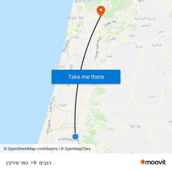 כפר סירקין to רגבים map