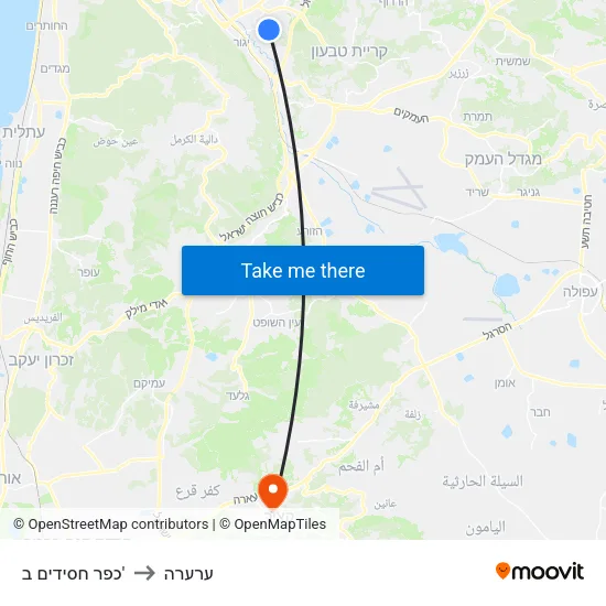כפר חסידים ב' to ערערה map